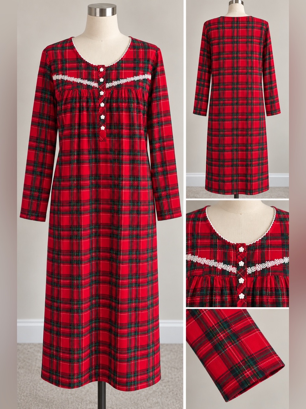 Secret Treasures Red and Green Plaid Long-Sleeve Nightgown with Lace Trim. XL